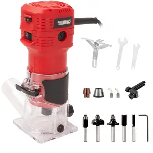 TEENO Router Tool, 650W 110V Compact Wood Router for Woodworking, 32000 RPM Hand Trim Router with 1/4" Router Bits Set, 6 Variable Speeds, Edge Guide, Roller Guide Electric Cutting