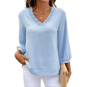 Shewin 2026 Spring/Summer Lady's Minimalist Basic V-Neck Ruffled Blouse - White Solid, 3/4 Ruffled Sleeves, Loose or Fitted Option, Textured Breathable Fabric, Women's Tops, Shirts, Clothes for Daily Wear