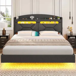 Sikaic LED Floating Bed Frame With Charging Station Hidden Storage Dark Grey