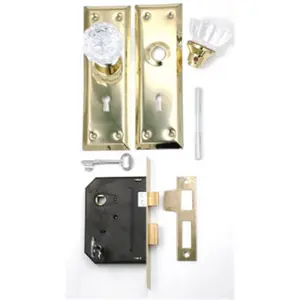 212 MAIN 1139 Key-Activated Door Security Lock Combo - Brass-Plated Glass Knob, Mortise Cutout Design, Reinforced Steel Plates