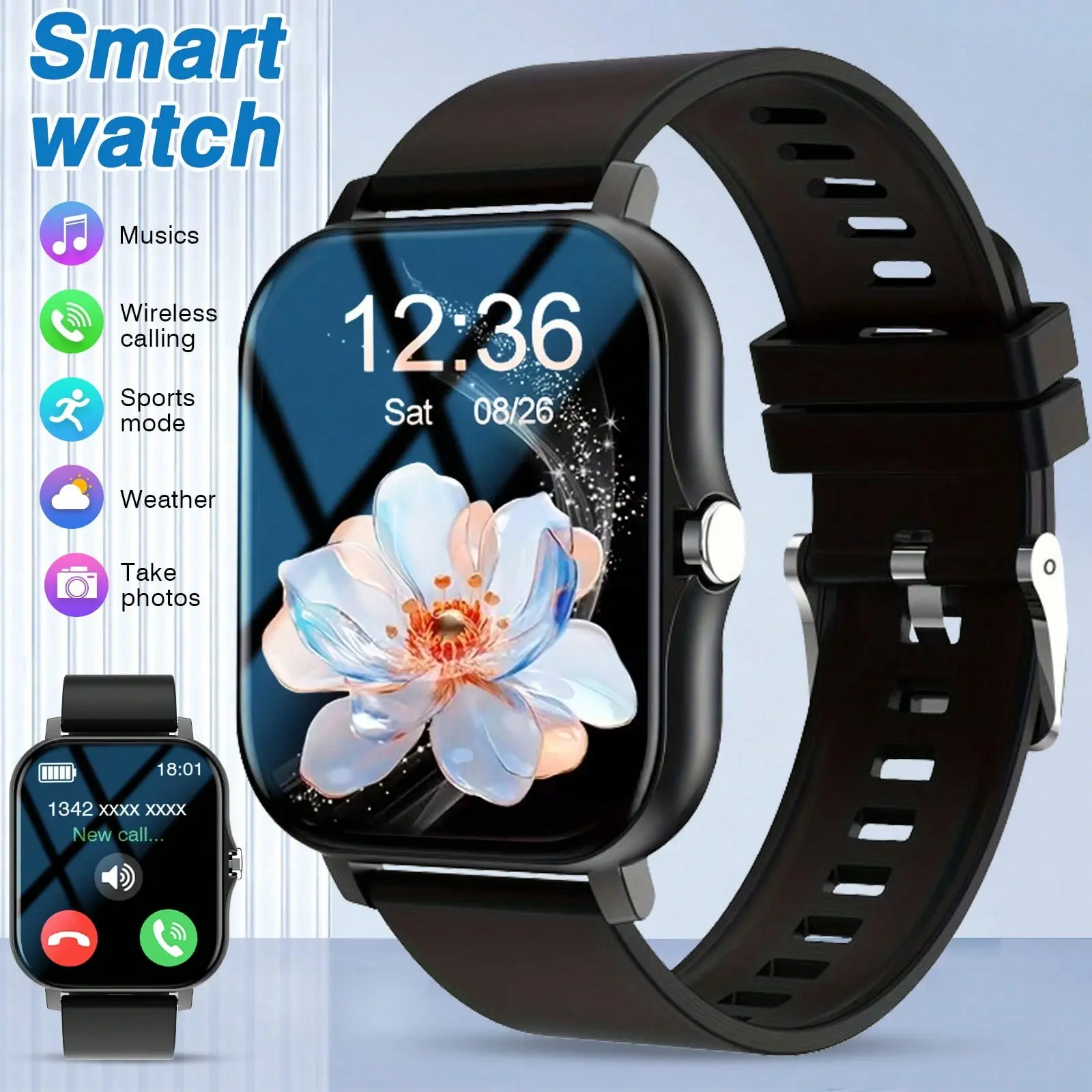 Unisex Wearable Smart Watch - Wireless Calls, Music Playback, Smart Notifications, Alarm Clock, Multiple Watch Faces, Custom DIY Photo Wallpaper, Full Touch Screen Compatible with Android and iPhone (Ideal Gift)