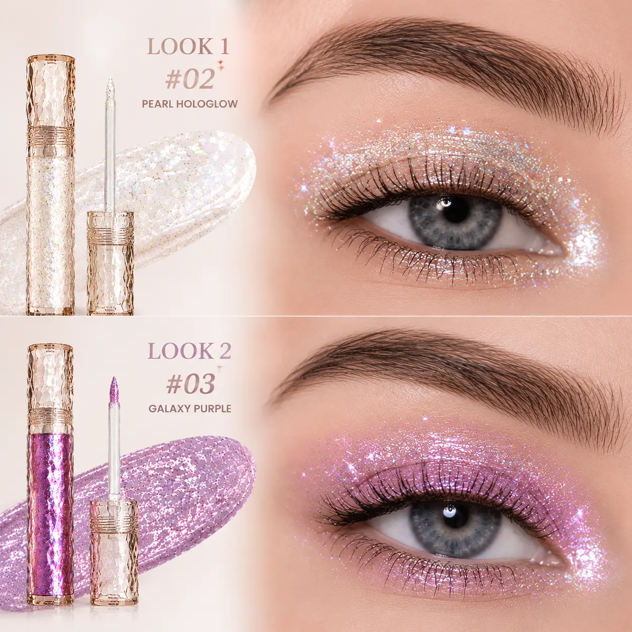 Liquid Glitter Eyeshadow with Crystal Applicator - Holographic Sparkle, Long-Lasting Sparkling Shine, Waterproof Formula for Party Makeup, Includes #02 Pearl Hologlow, #03 Galaxy Purple & Complementary Mascara