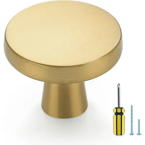 30 Pack Solid Round Knobs Pulls Brushed Brass Gold Hardware for Kitchen Cabinet Cupboard Dresser Door Drawer Handles