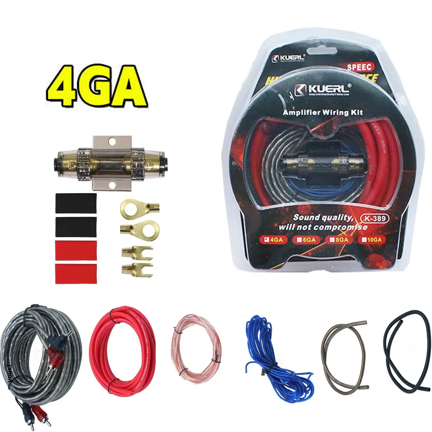 4 Gauge Car Subwoofer Wiring Kit 2300W, Full Audio Amplifier Install Set with RCA Cable, Power Wire, Ground Cable and Protective Fuse Holder
