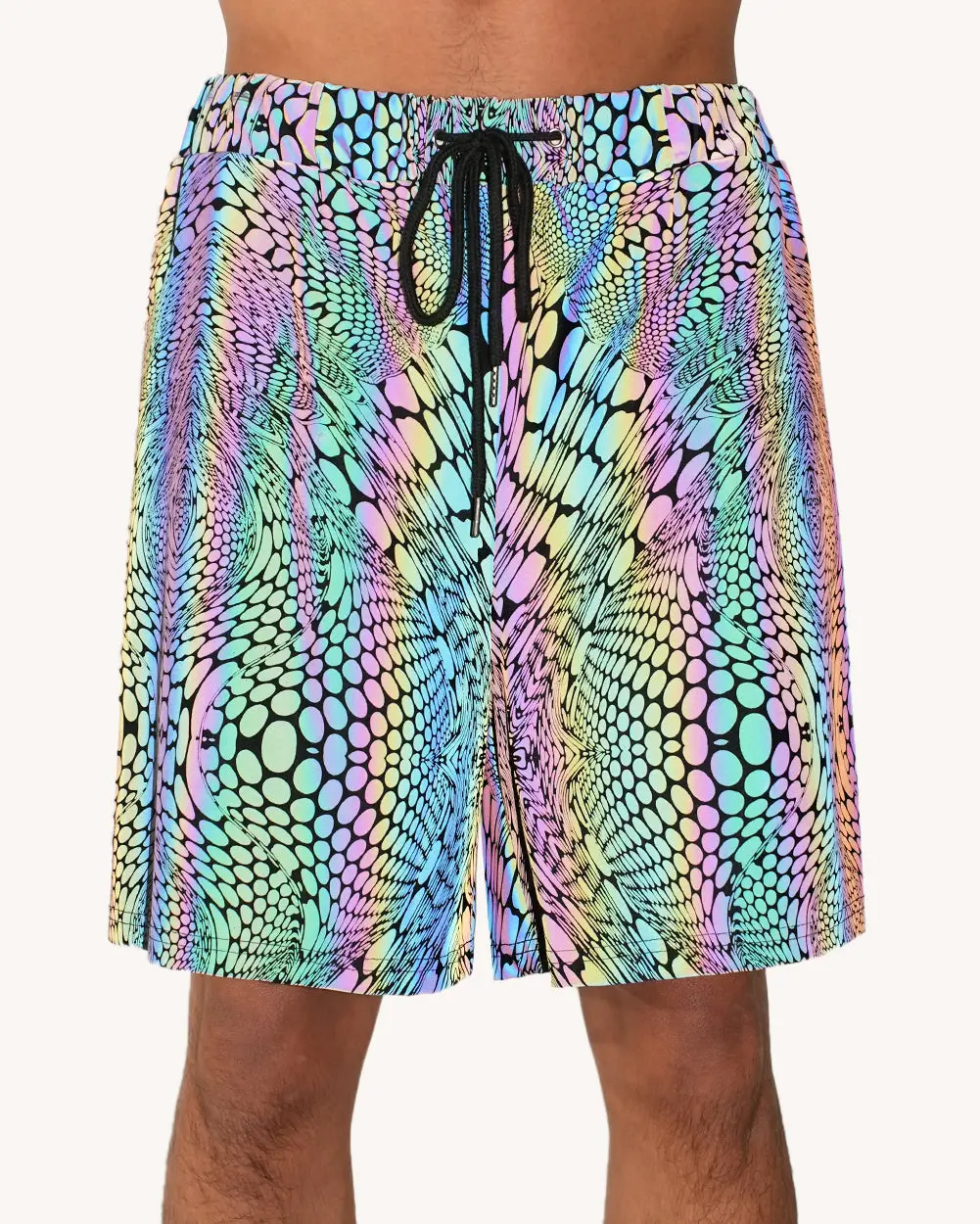 iHeartRaves Men's Original Viper Rainbow Reflective Rave Shorts, Breathable Mesh Festival Wear with Secure Zipper Pockets, Flash, Menswear, Tailored Fit, Bass Stage Baddie Energy, Print, Ties Waist, Fitted, Stage Events