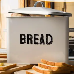Granrosi 10" Tall Vintage-Inspired Farmhouse Metal Bread Keeper Box Storage Container with Metal Lid and 2 Handles, White 7472