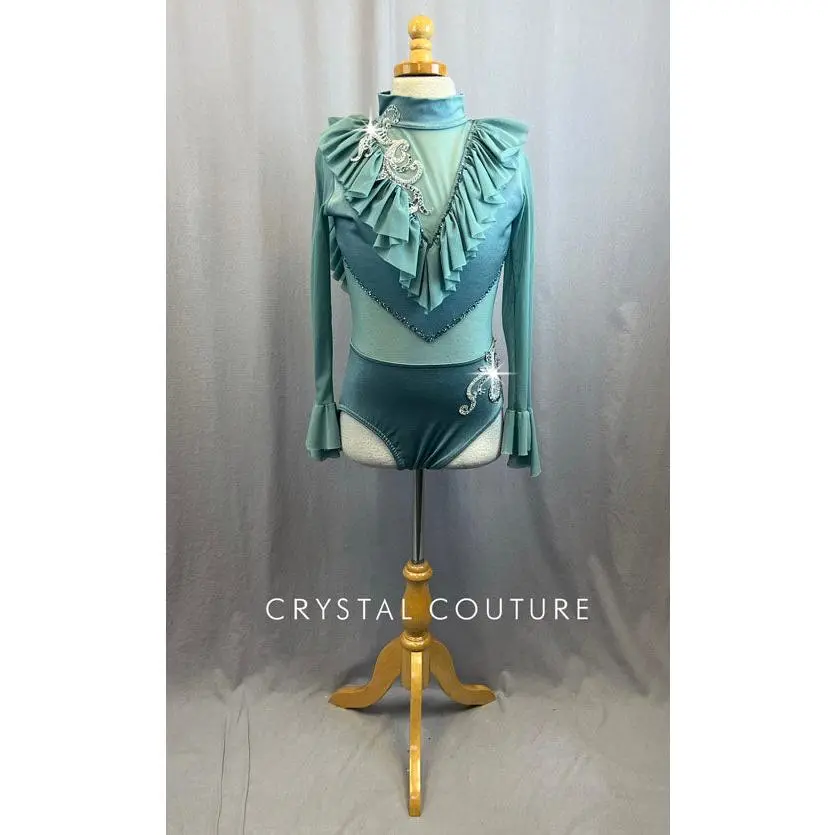 Custom Sage Green Leotard With Mesh Ruffle Neckline and Long Sleeves With Rhinestones