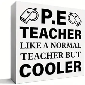 Physical Education Teacher Gift, PE Teacher Appreciation Thank You Gifts Coach Christmas Birthday Teacher's Day Gift, PE Teacher Like a Normal Teacher But Cooler, Wooden Box Sign Desk Decor 5x5 inch, Novelty Desk Decor, Desk Signs