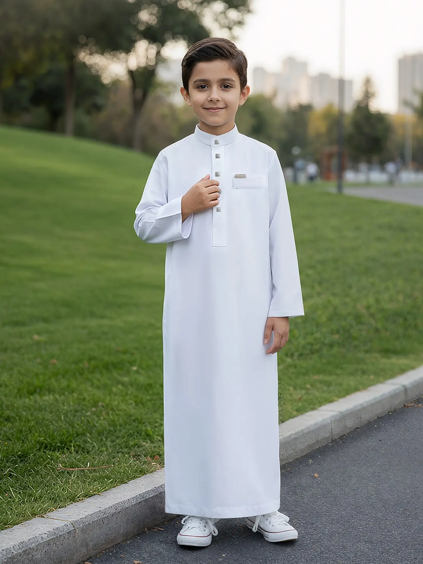 Muslim Boy Islamic Thobe, Square Button Stand Collar Long Sleeve with Side Pockets, Suitable for Ages 8-12, Daily Wear, Eid, Father's Day Gift