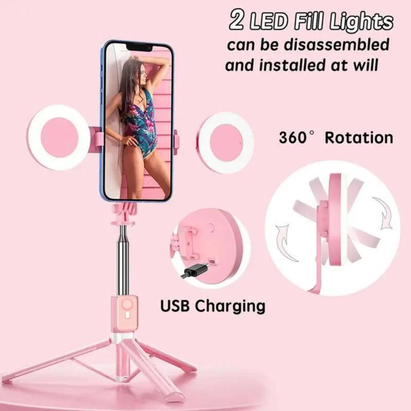 Selfie Stick Tripod With Dual Fill Lights, Detachable Wireless Remote Control Phone Tripod, New 6-In-1 Retractable Travel Tripod Accessories Portable, For Live Streaming & Video Recording Perfect For Photography, Makeup, Group Selfies go Cellphone Adjusta