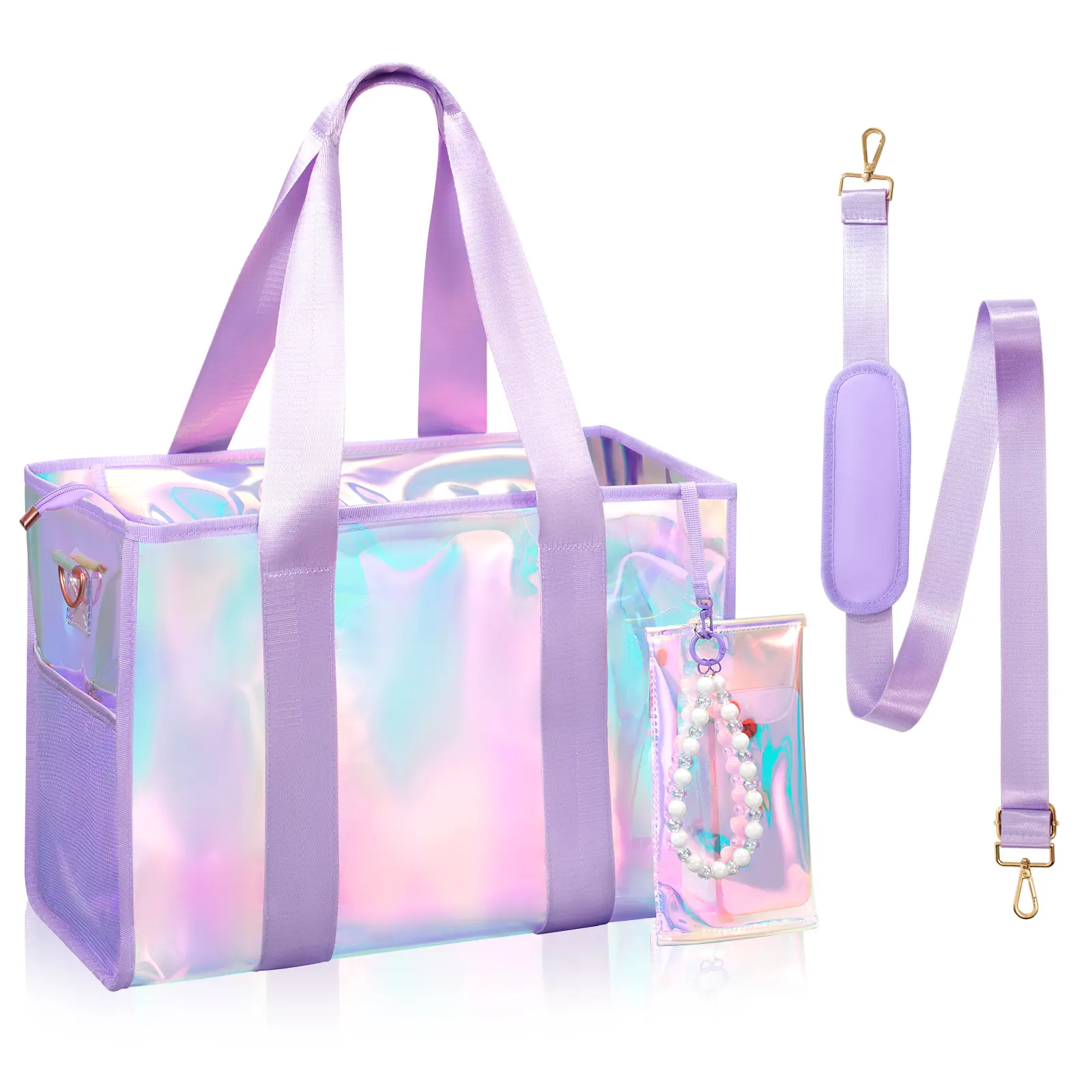 Iridescent Jelly Beach bag 26L Tote Bag Waterproof Clear Bag for Women with Zipper & Phone Pouch Tip-Proof Crossbody Bag Travel Bag