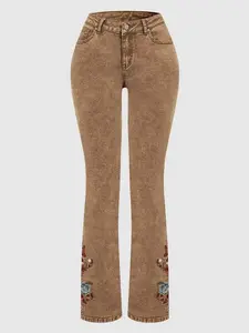 Women Vintage Coffee Brown Floral Embroidered High Waist Flare Jeans Retro Acid Wash Stretch Bootcut Bell Bottom Denim Pants Y2K Western Casual Trousers