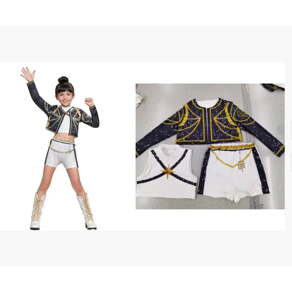 3pcs Girls Shiny Star Striped Performance Outfit Soft Breathable Dance Set Jacket Vest Shorts Golden Embellished School Uniform for Dance Cheerleading Back to School Pink Golden Black