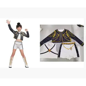 3pcs Girls Shiny Star Striped Performance Outfit Soft Breathable Dance Set Jacket Vest Shorts Golden Embellished School Uniform for Dance Cheerleading Back to School Pink Golden Black