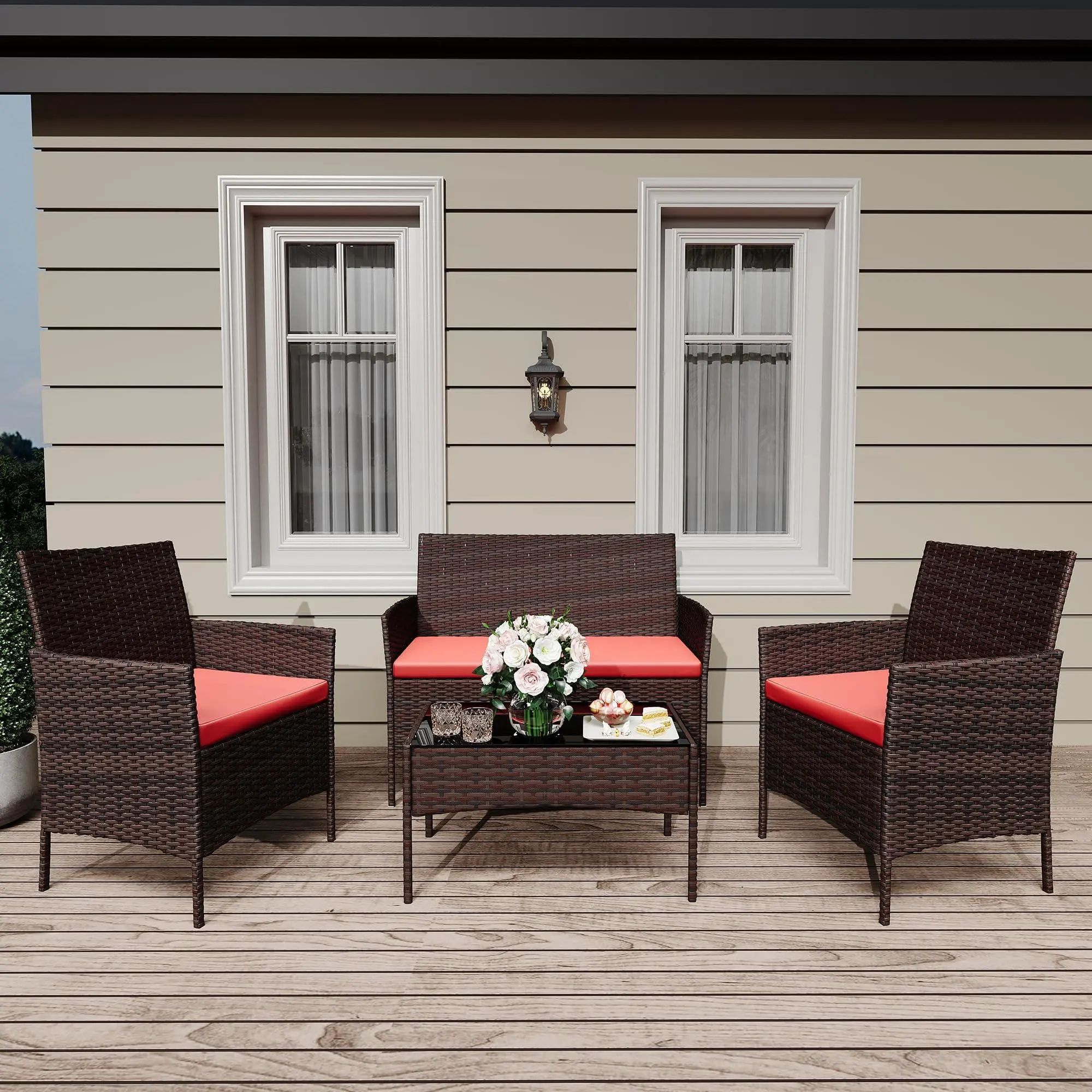 Garvee 4-Piece Compact Wicker Rattan Patio Bistro Set - Cushioned Outdoor Conversation Furniture with 2 Chairs, Loveseat, Glass Coffee Table, Cushion Covers - Neutral Tones, Assembly Required for Outdoor Parties, Balcony, Unisex, Porch
