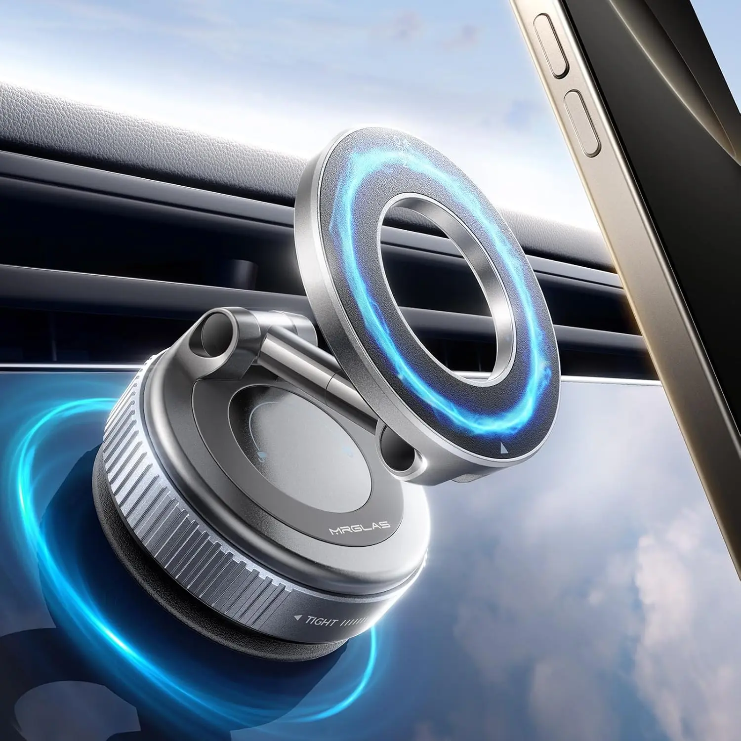 All-Metal Foldable Magnetic Vacuum Car Phone Holder, 360-Degree Multi-Angle Adjustable MagSafe Foldable Mount with 1-Handed Tune, Compatible with iPhone & Android, Car Accessories for Dashboard & Windshield, Cars