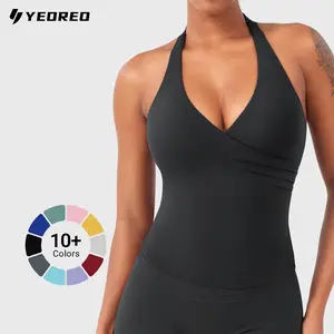 YEOREO Womens Halter Tank Tops Workout Impact Longline Strappy Top Padded Deep V Neck Wrap Gym Backless Bra Camisole summerwins