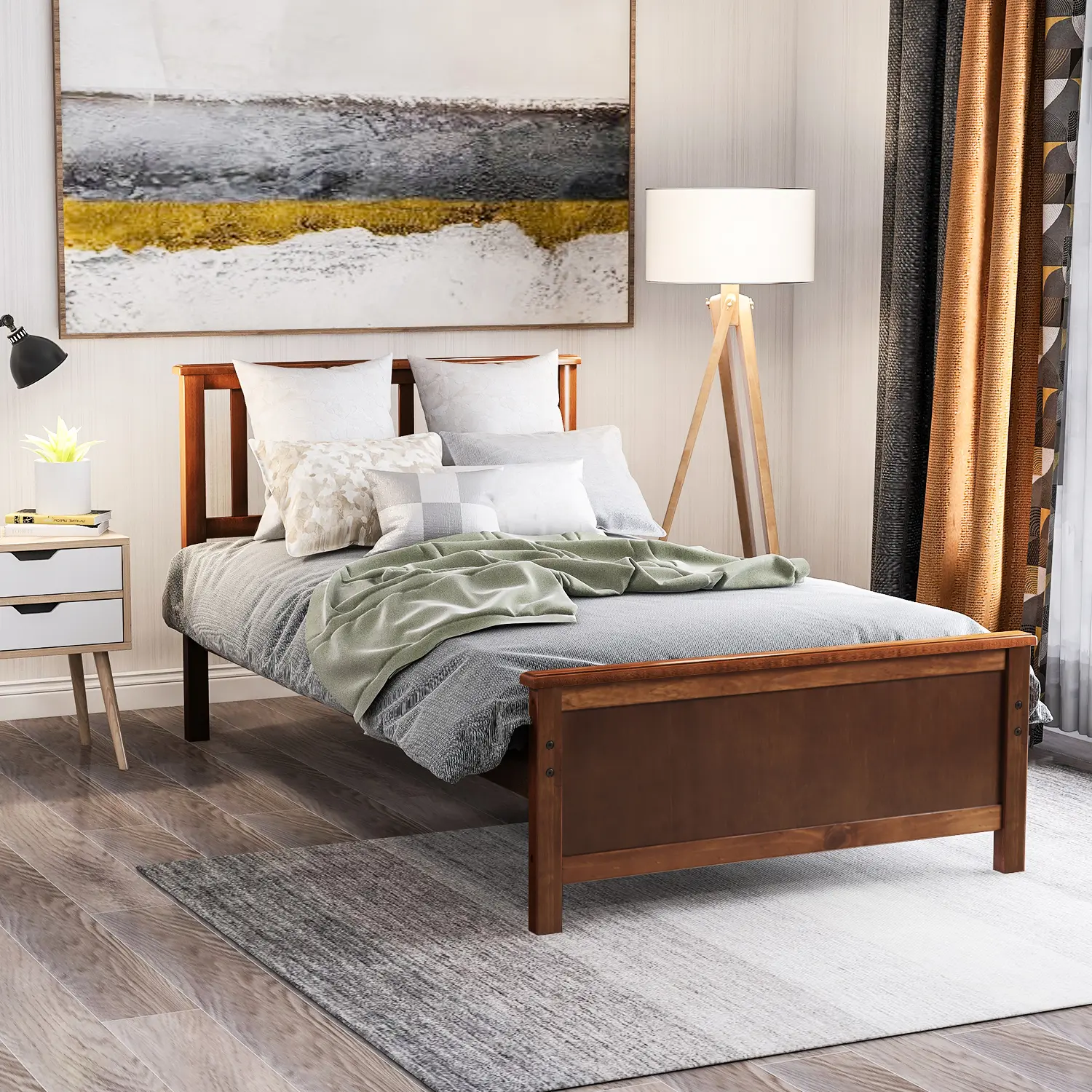 Twin Size Bed Frame, Wood Platform Bed with Headboard, Footboard and Wood Slat Support, No Box Spring Needed