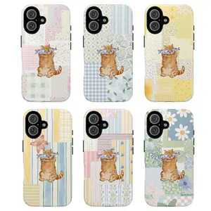 Cute Orange Cat Phone Case with Fish – collage Pastel Pattern Protective Cover, Gift for her, Gift for him, many background, Cartoon Phonecover, Ocean