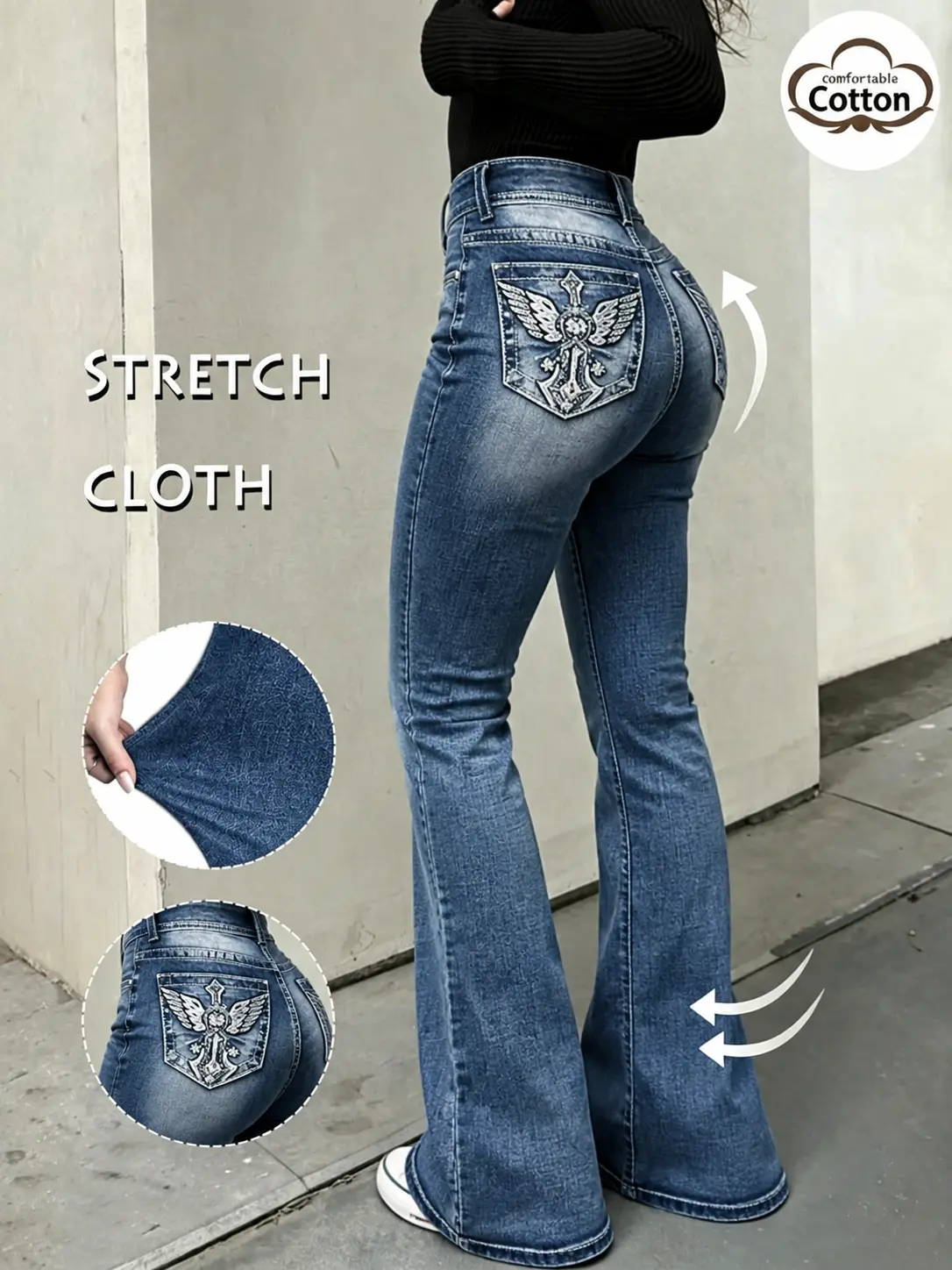 Women's High-Waist Flare Leg Jeans - Casual Button-Fly Pocket Embroidered Bell Bottom Denim, Double-Breasted Bootcut Basic Trousers, Fashionable Versatile Womenswear Bottom for Daily Wear