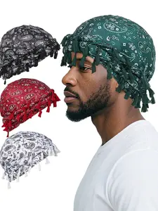 Men's Turban, Unisex Paisley Print Double-layer Turban with Unique Braided Design, Versatile Headwrap for Casual & Outdoor Activities, Black / White, Tassel Design Turban, Scarf Head Wrap