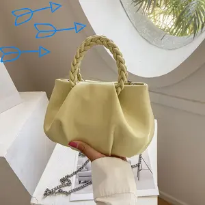 Ruched Cloud Tote Bag with Braided Handle, Soft Leather Chain Crossbody Purse, Versatile Summer Shoulder Bag for Women outdoorfun