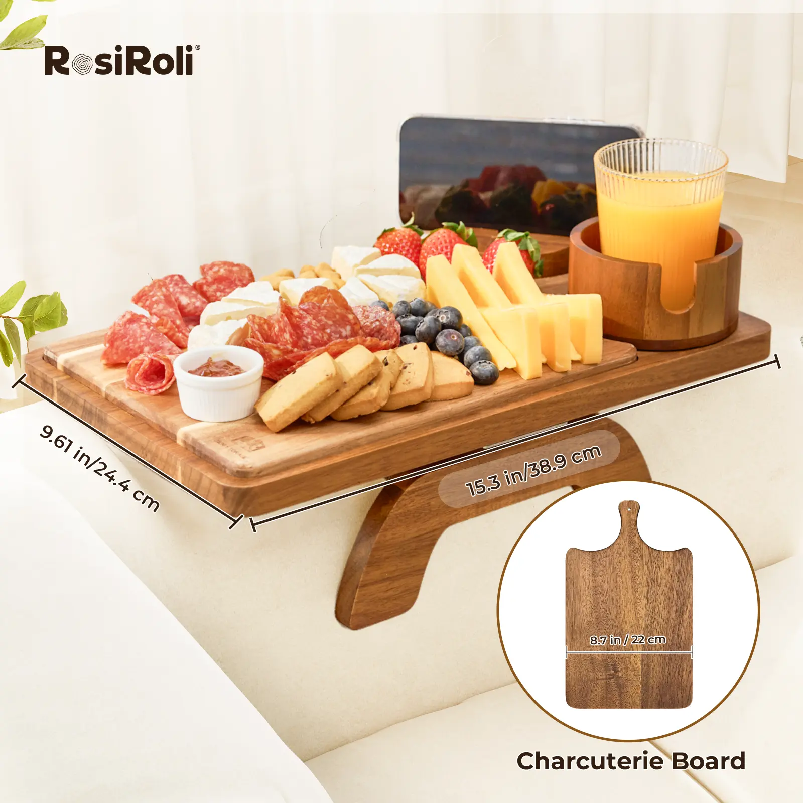 2-in-1 Sofa Arm Table Charcuterie Board | Acacia Wood | Tray Space-Saving for Home Office TV Snacks Gifts Anti-Slip & Scratch