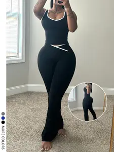 Women's Fashion Colorblock Waist Trainer Bell Bottoms and Tank Top Set, Athleisure Set, Multiple Colors Available, Perfect for Summer