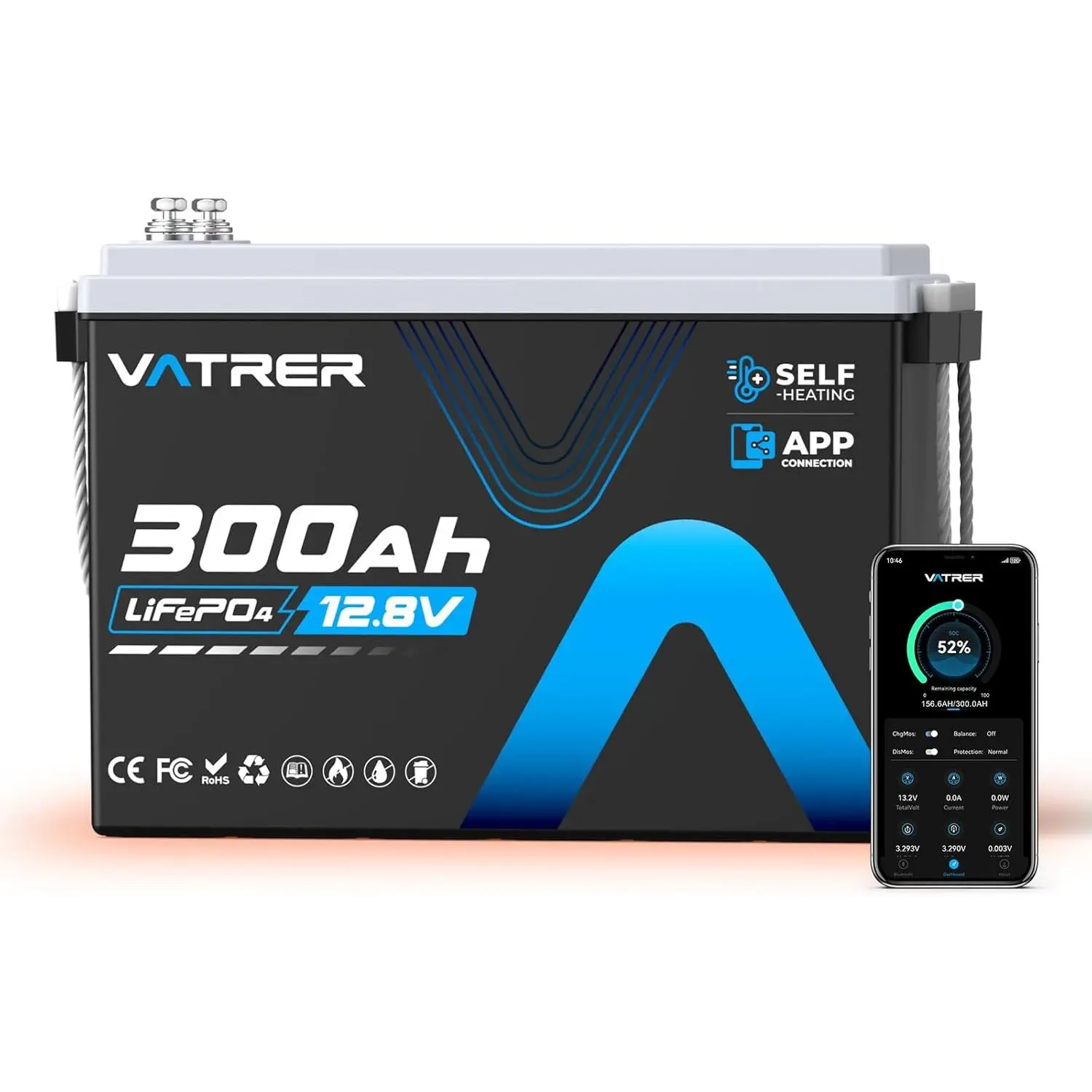 12V 300AH Mini Lithium Battery with Self-Heating & APP Monitoring, Deep Cycle Rechargeable LiFePO4 Battery, Low/High Temp Cut off, Built-in 200A BMS,Perfect for RV, Camping, Off-Grid Applications