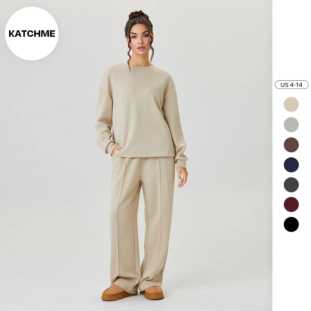 KatchMe Women's Casual Solid Color Loose Long Sleeve Top & Exposed Stitches Trousers Co-ord, Soft Lightweight Round Neck Top & Wide Leg Trousers Two Piece Outfits