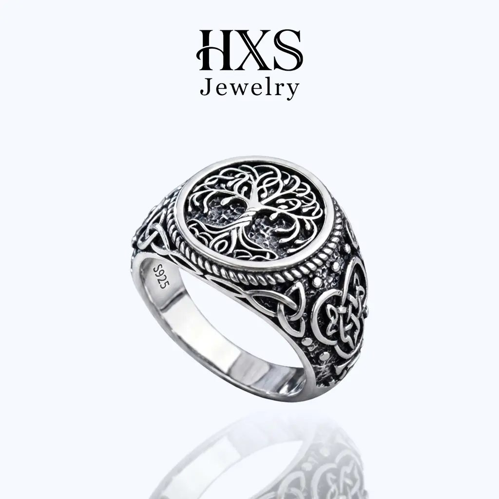 HXS 925 Sterling Silver Symbolic Motifs Ring - Celtic Knot, Viking, Tree of Life Designs, Elegant Unisex Adult Jewelry for Female and Male, Signet Ring, Adults, Everyday Wear