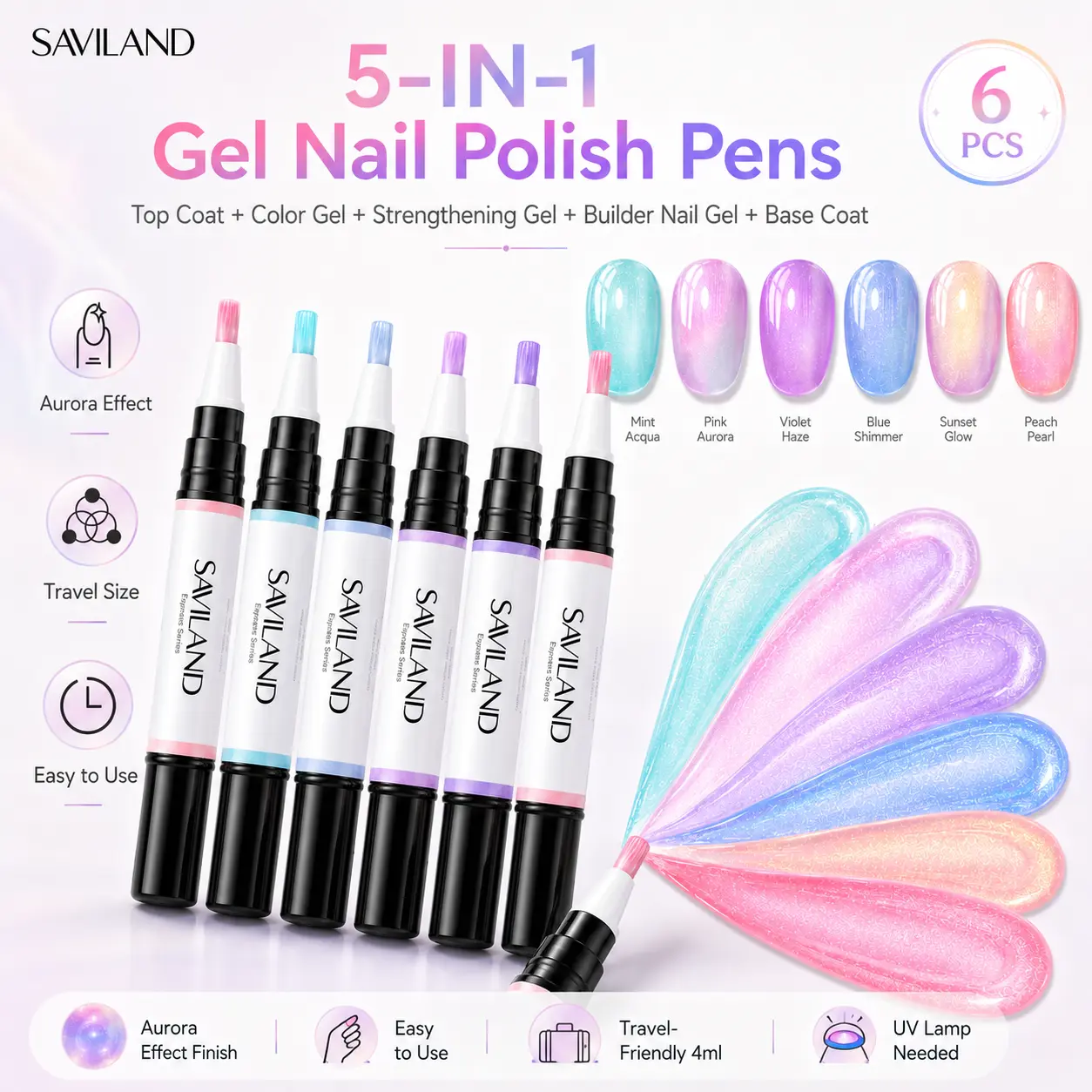 SAVILAND 5-in-1 Gel Nail Polish Pen, Aurora Effect Gel Nail Pen with Base Color Top Coat in One, Easy Apply UV/LED Curing Nail Polish Pen, Travel-Friendly No-Mess Manicure for DIY Nail Art Gel Nail Supplies Glossy