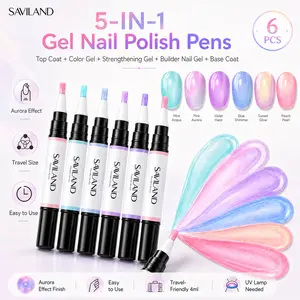 SAVILAND 5-in-1 Gel Nail Polish Pen, Aurora Effect Gel Nail Pen with Base Color Top Coat in One, Easy Apply UV/LED Curing Nail Polish Pen, Travel-Friendly No-Mess Manicure for DIY Nail Art Gel Nail Supplies Glossy