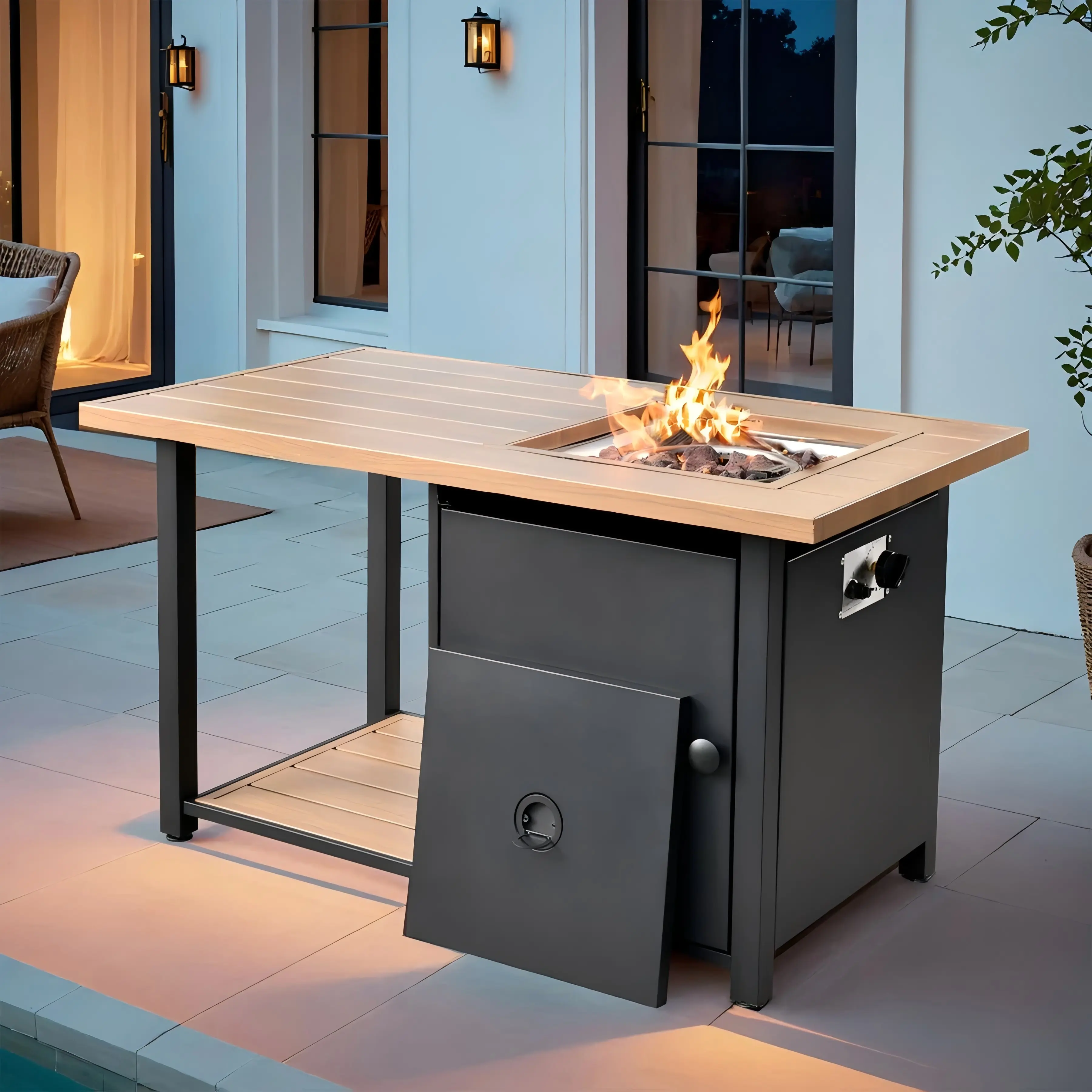 【Back To School】Ovios 46'' Rectangle Propane Fire Pit Table, Double Layer Gas Fire Table with Storage Shelf, Outdoor Firepit Heating Table with Durable Frame for Patio Backyard Deck Porch Conversation Set