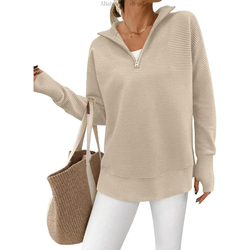 Womens Long Sleeve Quarter Zip Pullover Sweater Casual Loose V Neck Collared Ribbed Knit Jumper Tops Thumb HoleABahsyxl shop3