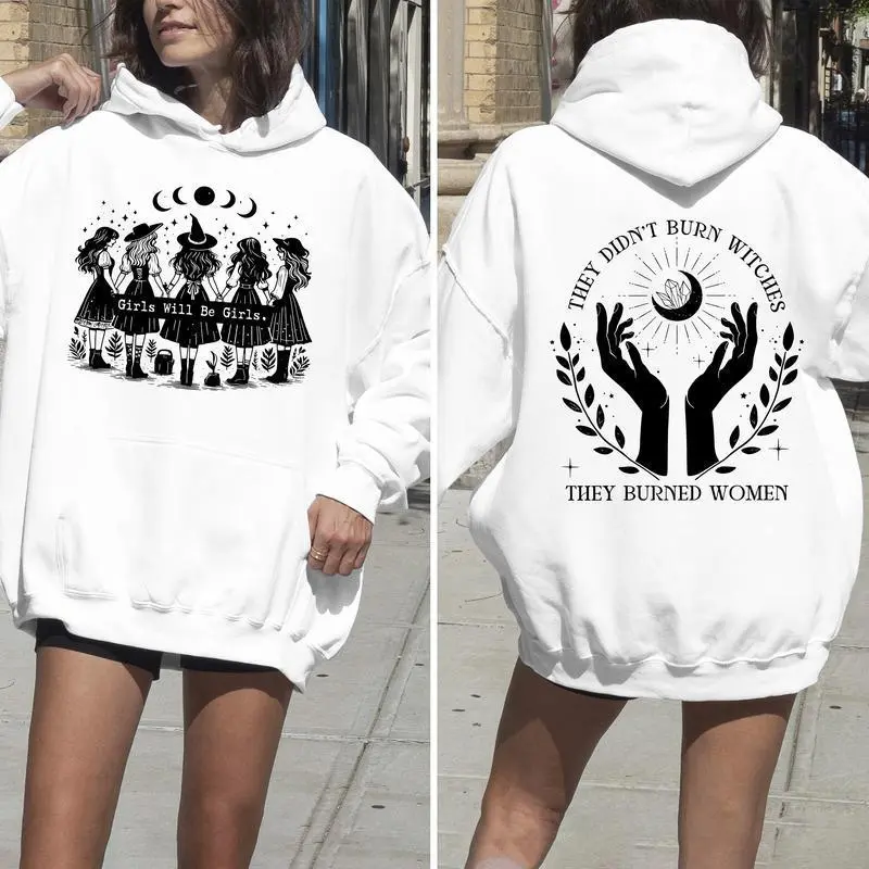Women's Extra-Long Sleeve Witch Hoodie - Feminist "Girls Will Be Girls They Didn't Burn Witches They Burned Women" Print, Halloween Tops, Classic Rock Style Sweatshirt with Moon Rocks Design, Comfortable Fabric, Flattering Fit