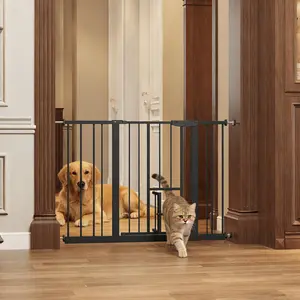 Baby Gate with Cat Door, 29.5-44.1" Metal Pet Door for Stairs & Doorways,Pressure Mounted,No Tools Needed, Black
