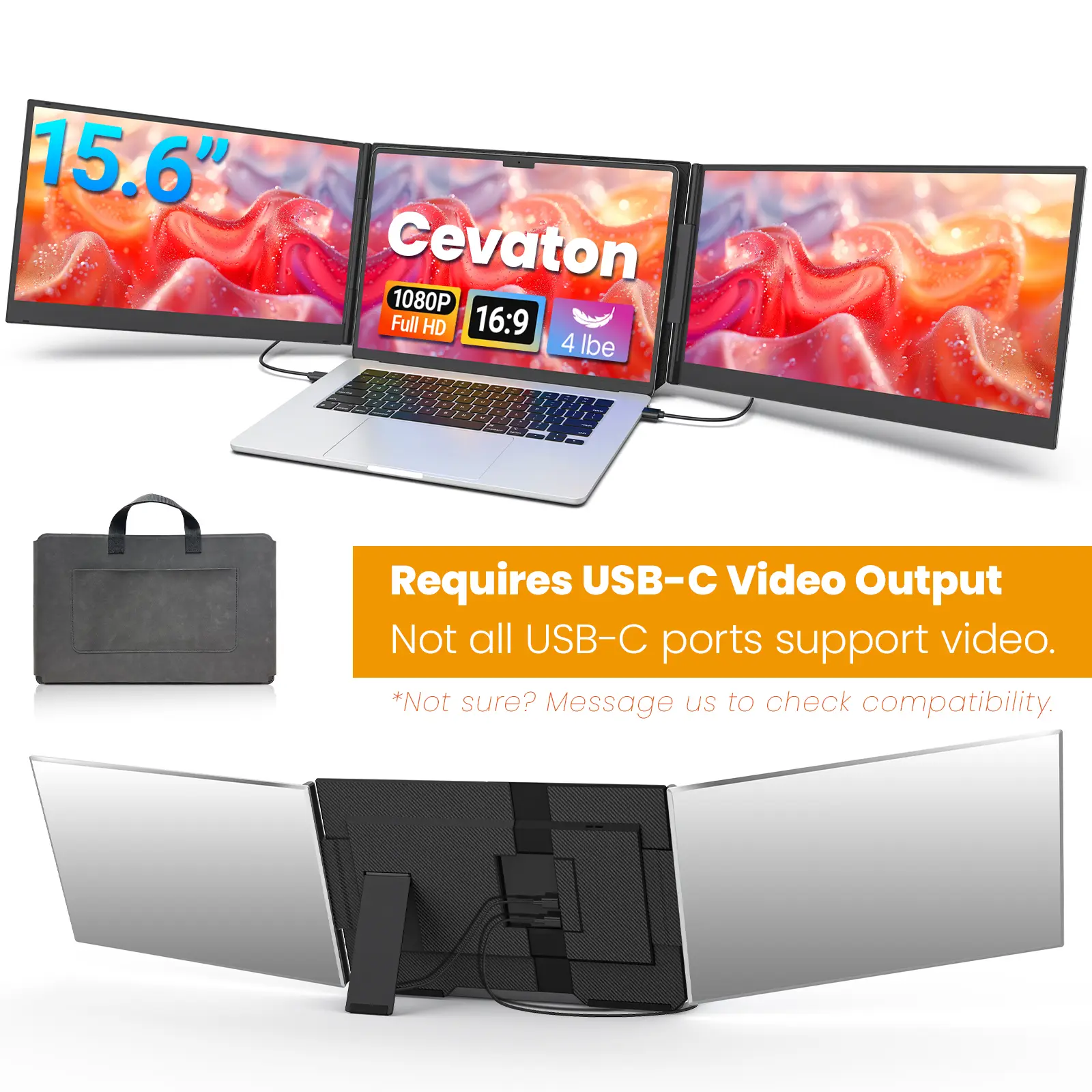 Cevaton 15.6" 1920x1080 FHD IPS Aluminum Shell Portable Dual Monitor Extender, Freestanding Wide Angle Multi-Tasking External Display, USB-C/HDMI Laptop Ports, Horizontal/Vertical Modes, for 13"-17.3" Laptops Only, #TikTokBackToSchool