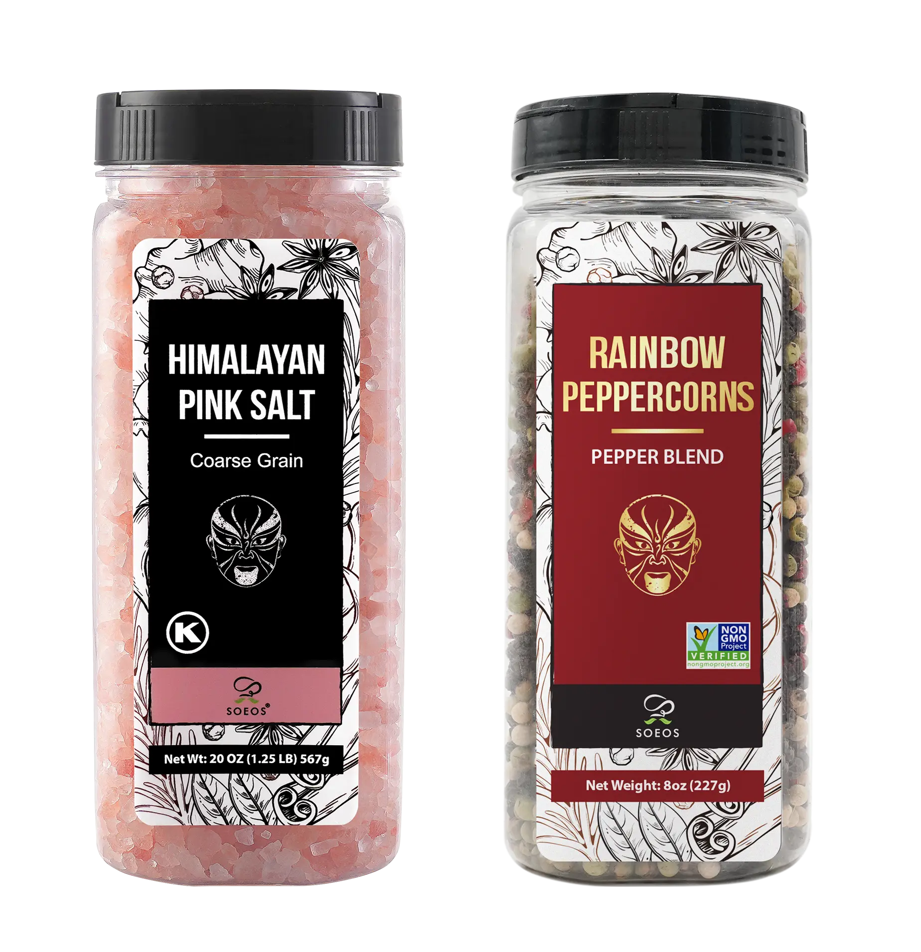 Soeos Himalayan Pink Salt, 18 oz and Rainbow Peppercorn Grinder Refills, 8oz, Kosher Seasoning Set for Cooking Spice Flavor