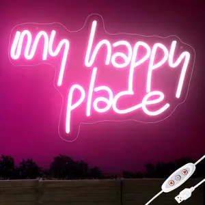 Neon Sign My Happy Place Decorative Wall Hanging  Light for  Teen Girls Home Living Room Bedroom Decor Nightstand ambient Light, Dimmable adjustable with USB Plug LED