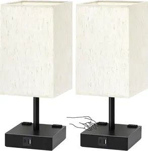 Touch Control Table Lamps Set of 2 - Nightstand Lamp for Bedroom with USB C+A Charging Ports & AC Outlets, 3-Way Dimmable Bedside Lamp Flaxen Fabric Shade for Bedroom Living Room(Bulb Included) nightstand lamp lamps Lighting Decorative Modern room stuff