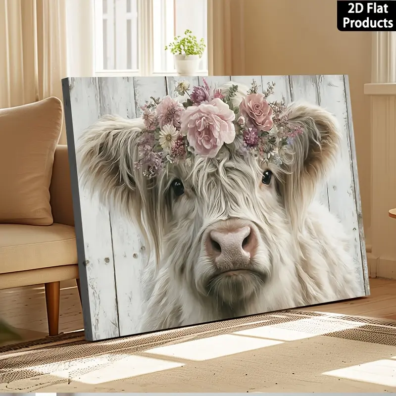 1pc Highland Cow with Flower Crown Framed Wall Art Print - Rustic Nordic Farmhouse Wood Frame & Canvas, Scottish Cow Decoration for Living Room, Ready-to-Hang Home Gift (205), 2D Flat
