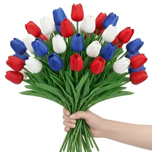 24pcs Blue Artificial Tulips, Real Touch Patriotic Fake Flowers, July 4th Decoration, Home Decor, DIY Wreath Supplies