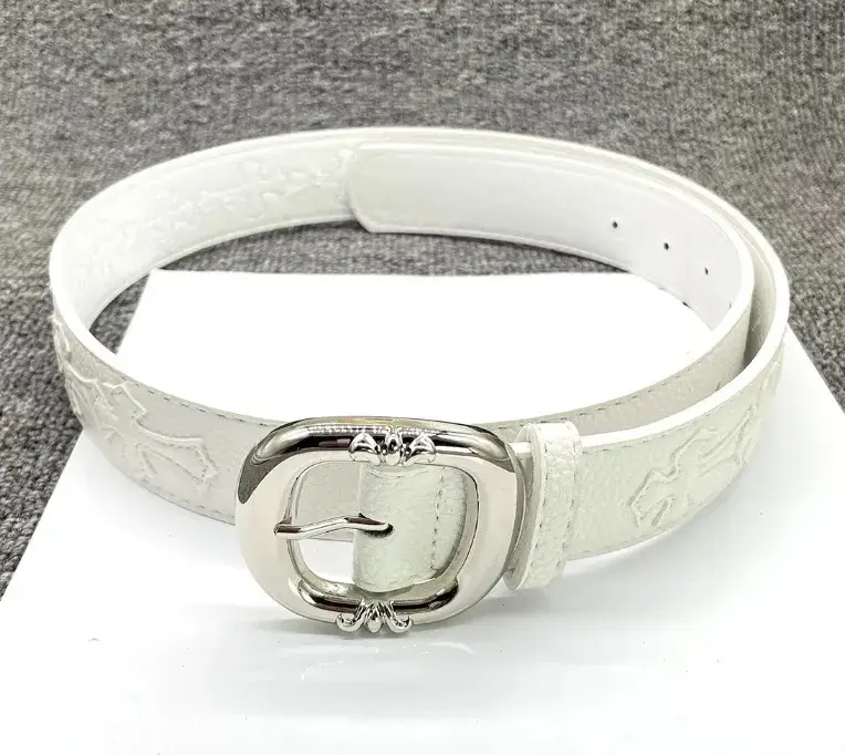 Unisex White Genuine Leather Belt, Embossed Cross Belt with Silver Oval Buckle, Y2K Streetwear Casual Waist Belt for Jeans