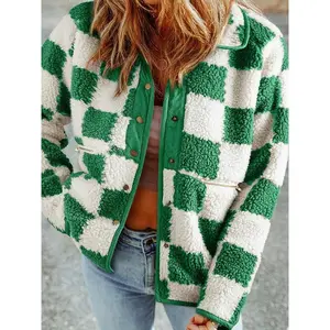 Women's Plaid Print Button Front Pocket Fleece Jacket, Casual Long Sleeve Stand Collar Outerwear for Fall & Winter, Ladies Clothes for Daily Wear
