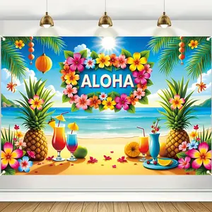 Reusable Vibrant Aloha Hawaii Beach Banner - 1pc, 59"x39" Durable Polyester Tropical Backdrop, Colorful Flowers & Fruits Design, Ideal for Hawaiian Birthday Parties, Home Decor