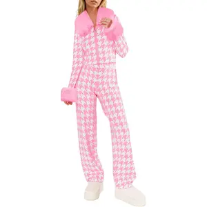 Women's Houndstooth 2-Piece Ski Outfit - Zipper Cardigan, Wide Leg Pants - Winter Travel Cozy Loungewear, Women's Clothes, Outfits Inspo, Clothes