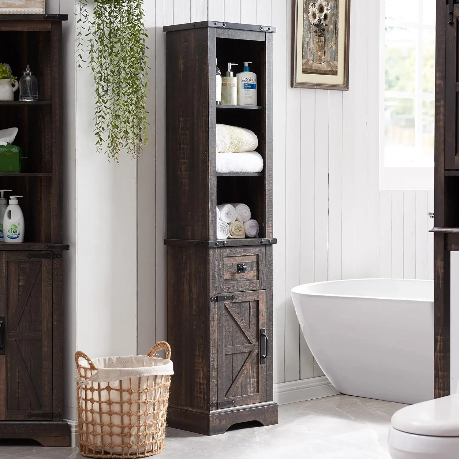OKD Bathroom Storage Cabinet, Farmhouse Storage Cabinet with Adjustable Shelves & Storage Drawer, Tall Linen Tower for Bathroom, Living Room