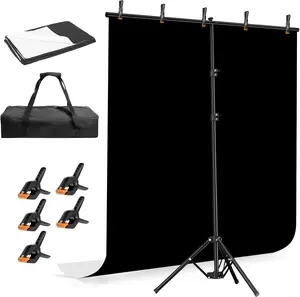 EMART Photo Backdrop with Stand Kit 6.5x5ft, Photography Black and White 2-in-1 Revisible Background Screen with Portable T-Shape Support and 5 Clamps for Video Recording Meeting Self Tape