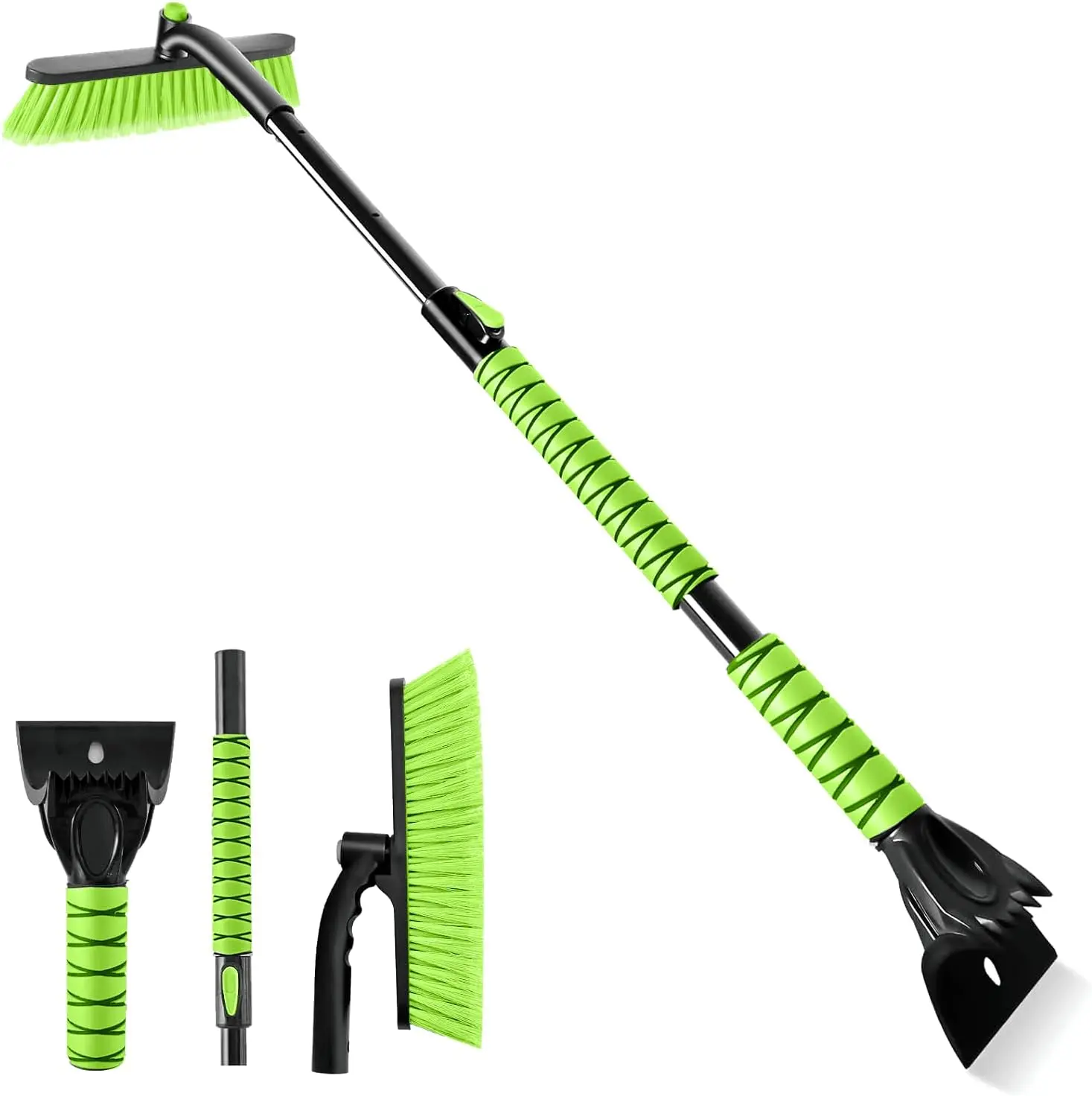 OUSHASAA 44" Ice Scraper and Snow Brush for Car Windshield with Extendable, 360° Pivoting, Soft Bristle Head, Foam Grip, for Car, Truck, SUV Window Tool (Green)